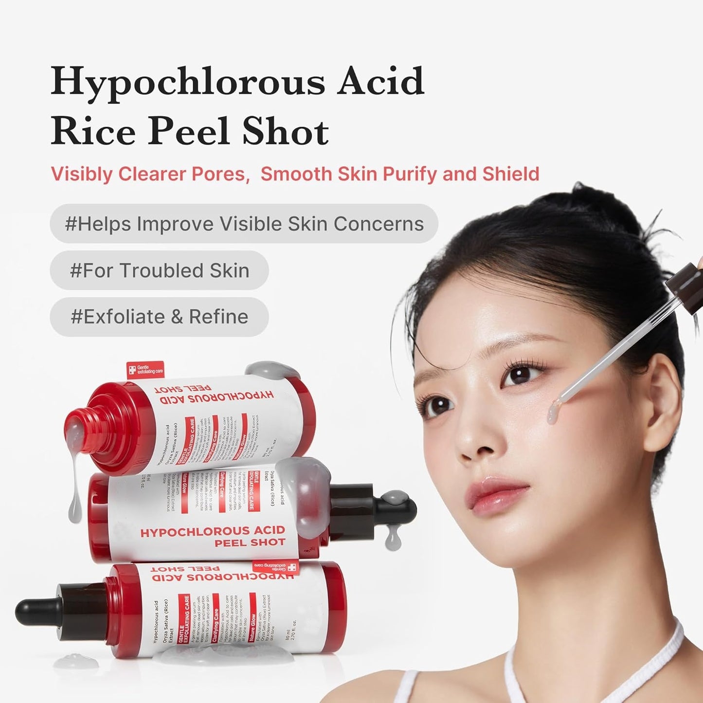 Hypochlorous Acid Rice Peel Shot Duo for Face & Body – Gentle Exfoliating Serum for Dead Skin & Pore Care