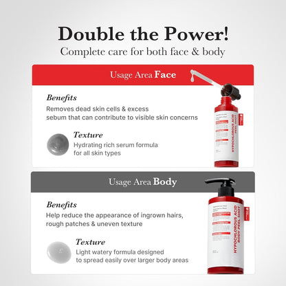 Hypochlorous Acid Rice Peel Shot Duo for Face & Body – Gentle Exfoliating Serum for Dead Skin & Pore Care